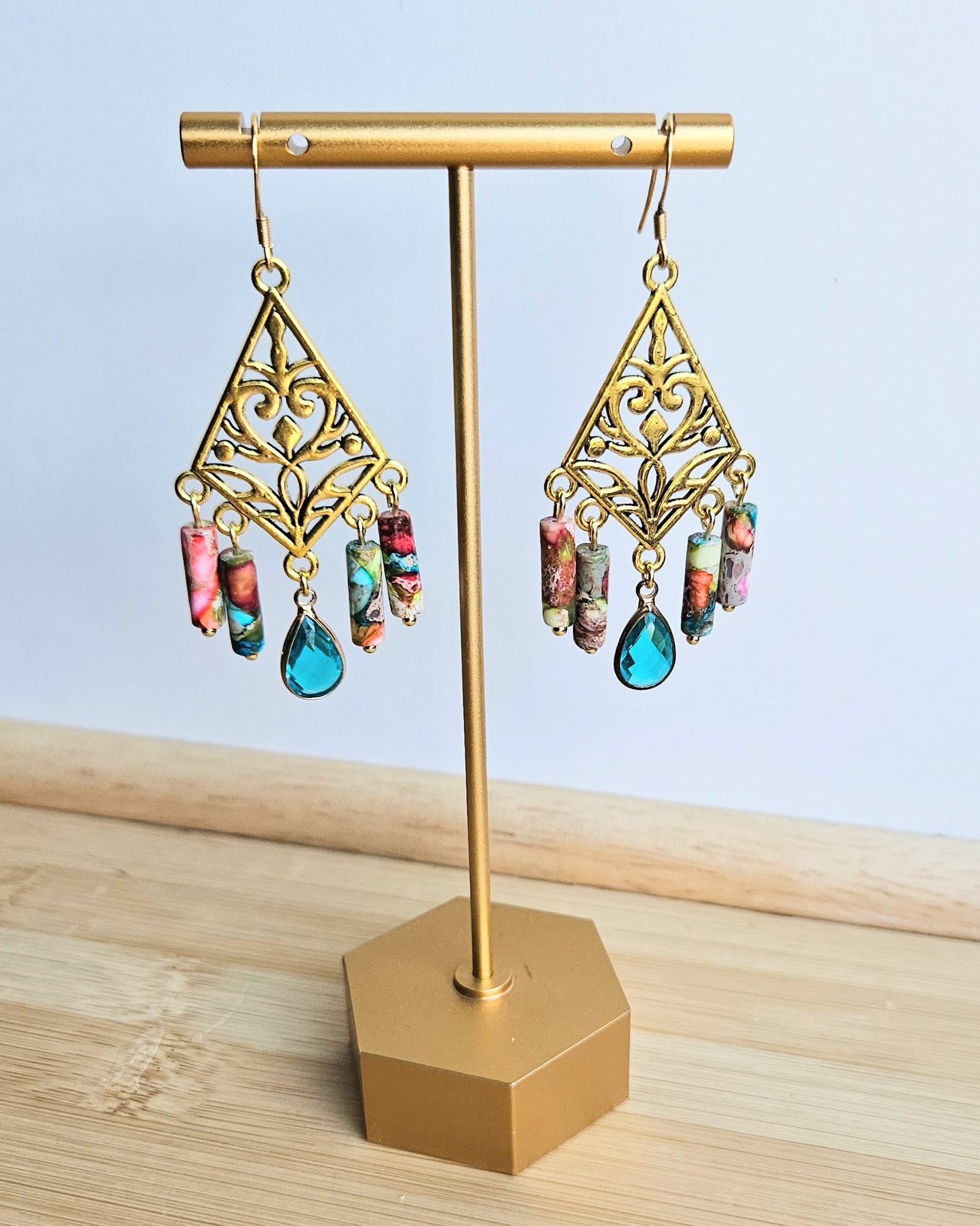 Boho Filigree Earrings with Sea Sediment Jasper & 18K Gold-Plated Hooks