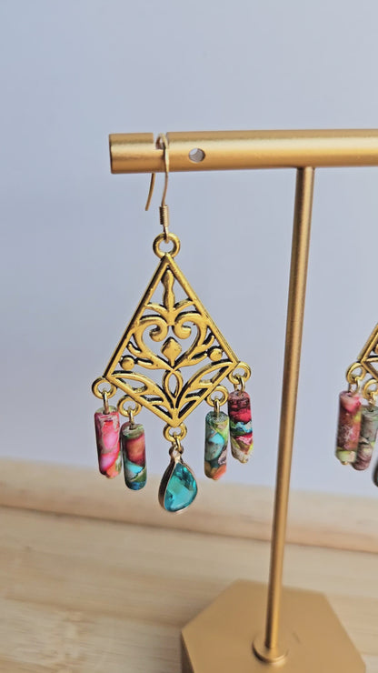 Boho Filigree Earrings with Sea Sediment Jasper & 18K Gold-Plated Hooks