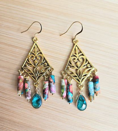 Boho Filigree Earrings with Sea Sediment Jasper & 18K Gold-Plated Hooks
