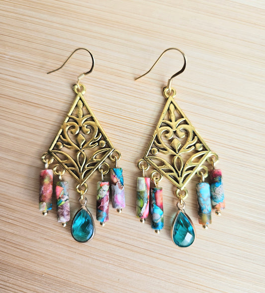 Boho Filigree Earrings with Sea Sediment Jasper & 18K Gold-Plated Hooks