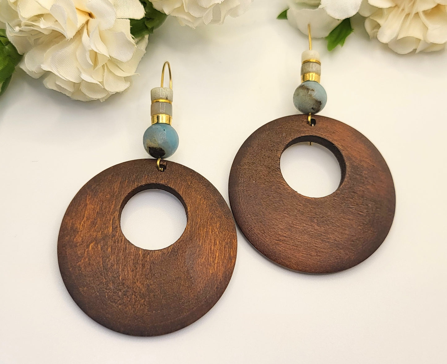 Serenity - Amazonite & Wooden Hoop Earrings