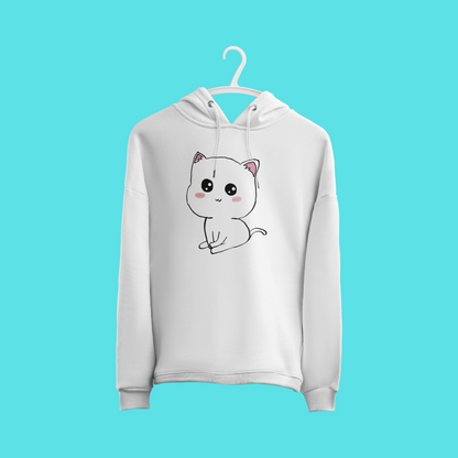 White hoodie with blushing kawaii kitty 